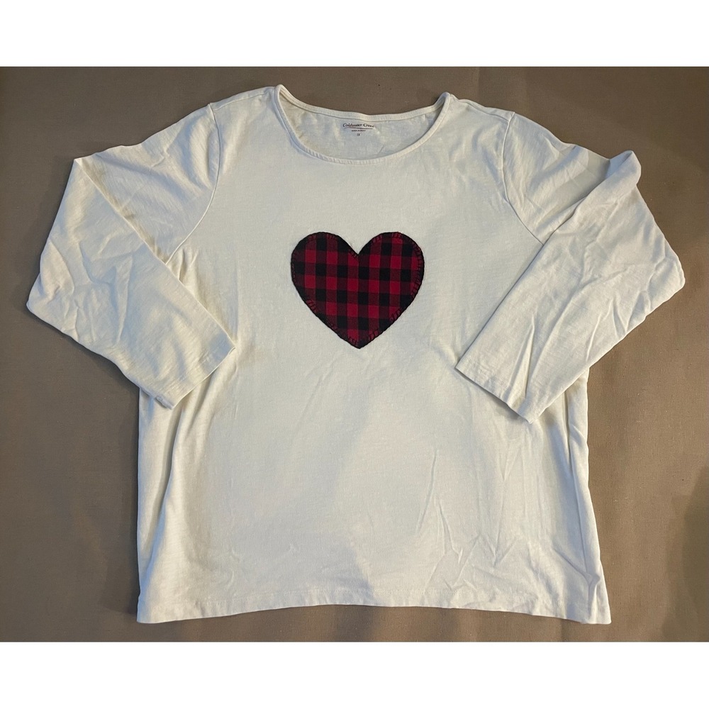 Coldwater Creek Shirt Women's size 1X White with Red Plaid Heart 100% Cotton